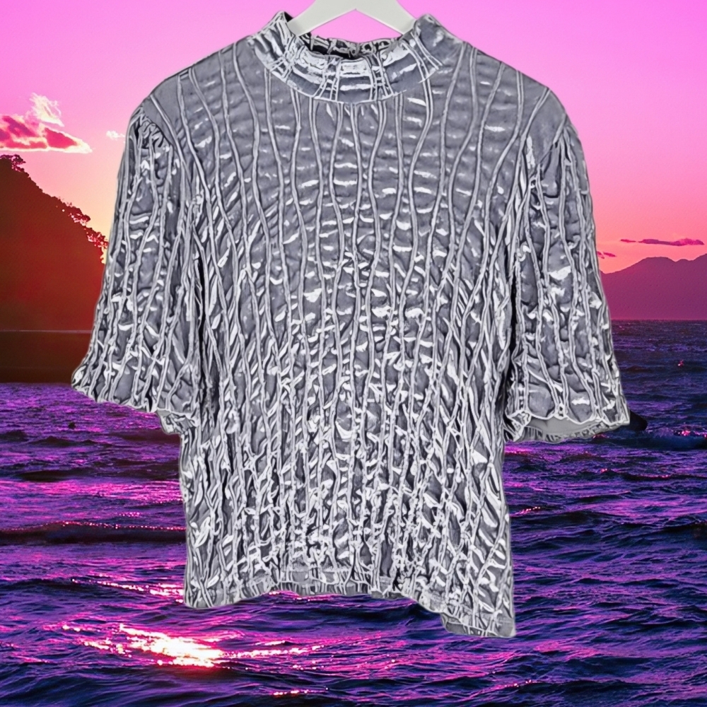 Retro Metallic Cyber Wave Velour Blouse Silver Light Blue